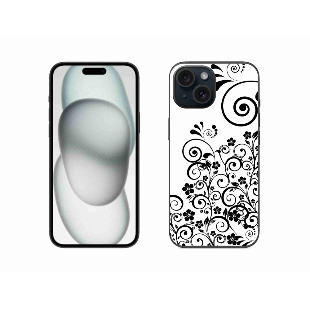 Gelový kryt mmCase na iPhone 15 - černobílé květinové vzory