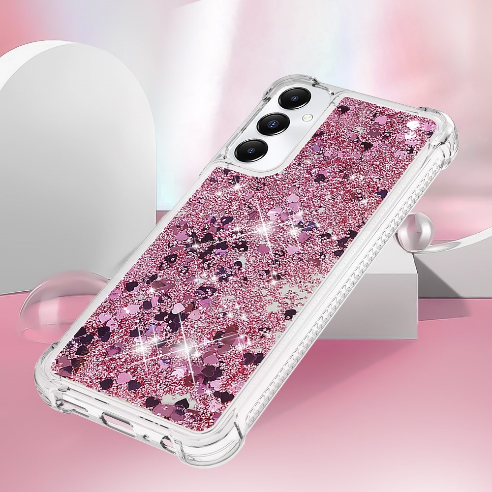 Glitter gelový přesýpací obal na Samsung Galaxy A05s - růžovozlatý/srdíčka