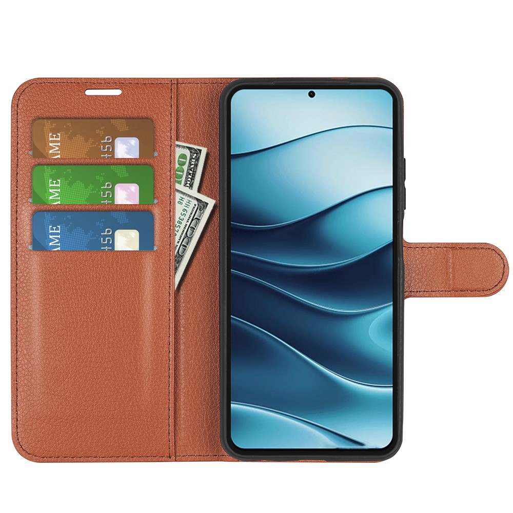 Litchi knížkové pouzdro na Xiaomi Redmi Note 14 5G - hnědé