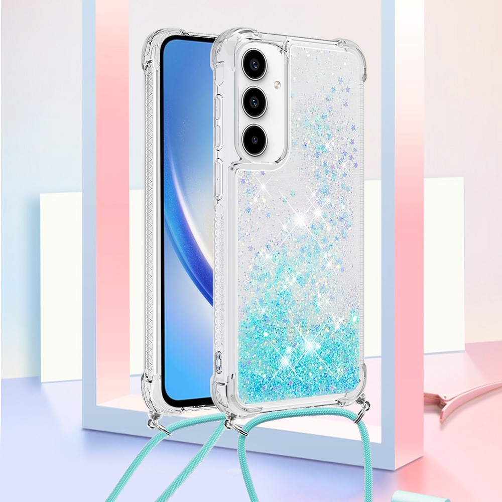 Glitters přesýpací gelový obal se šňůrkou na Samsung Galaxy A56 5G - modrý/hvězdičky
