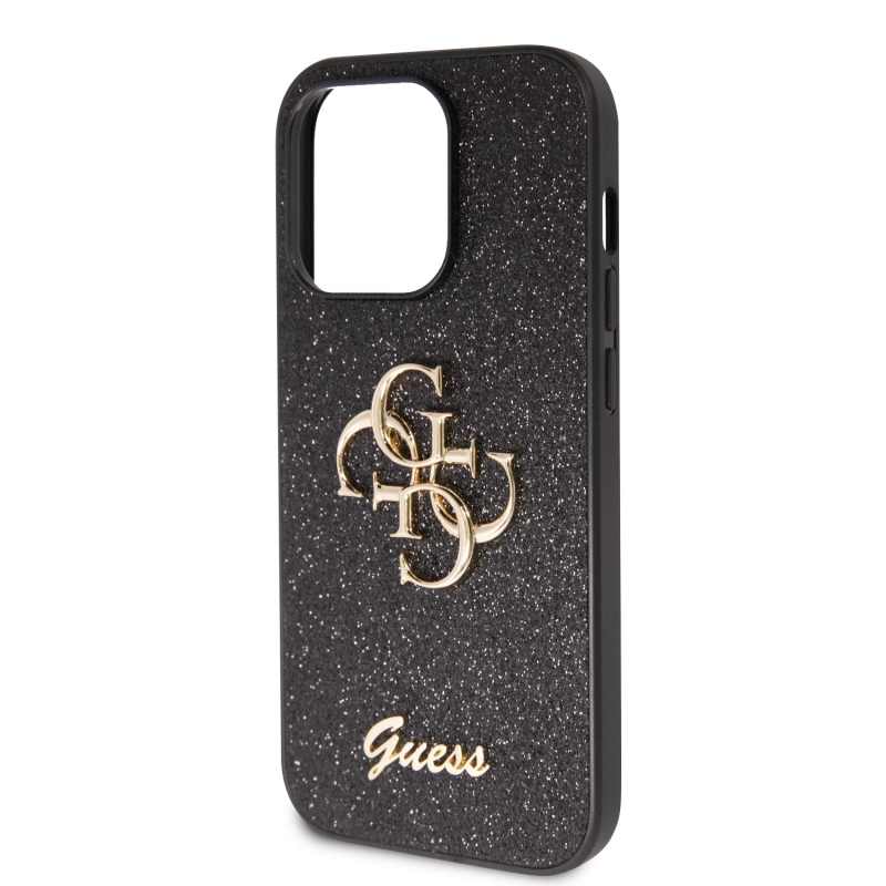 Guess PU Fixed Glitter 4G Metal Logo Zadní Kryt pro iPhone 15 Pro Max Black
