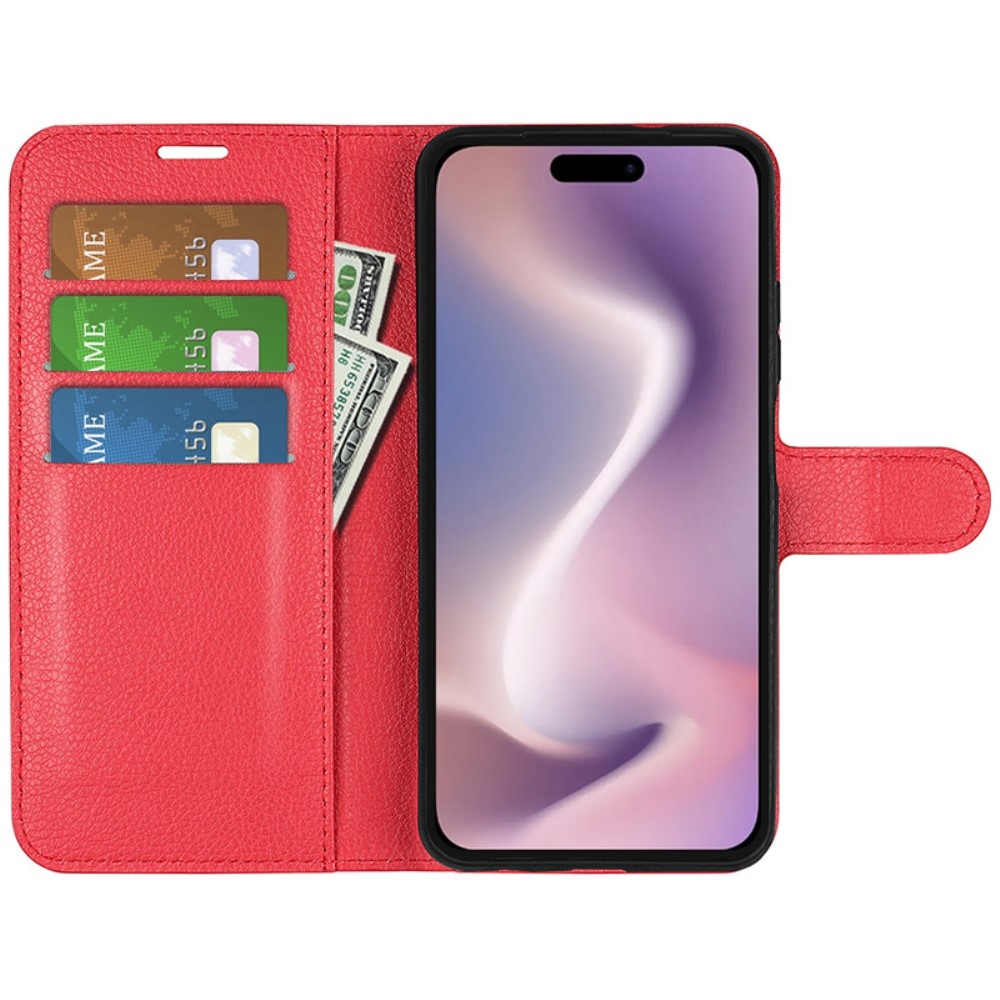 Litchi knížkové pouzdro na iPhone 16 - červené