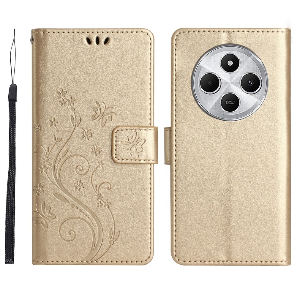 Flowers knížkové pouzdro na Xiaomi Redmi 14C/Poco C75 - zlaté