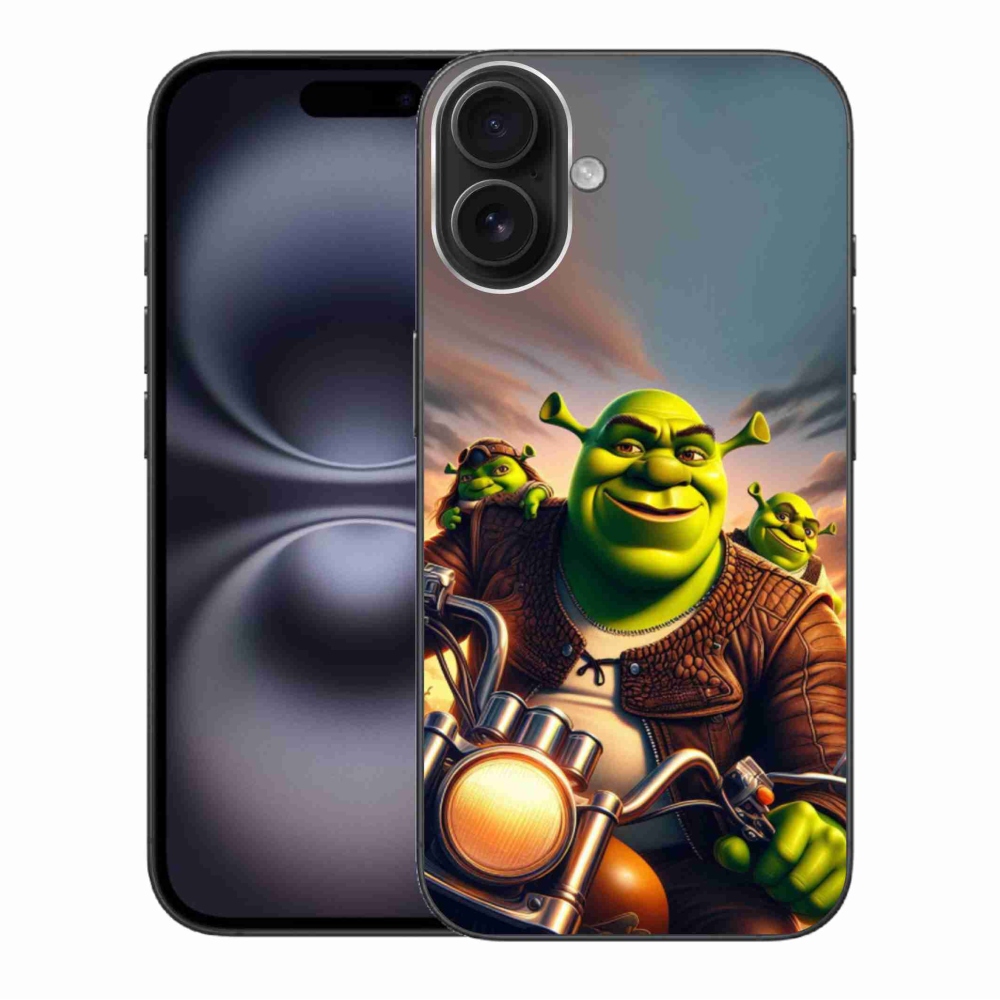 Gelový kryt mmCase na iPhone 16 Plus - shrek na motorce