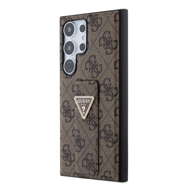 Guess PU Grip Stand 4G Strass Triangle Metal Logo Zadní Kryt pro Samsung Galaxy S24 Ultra  Brown