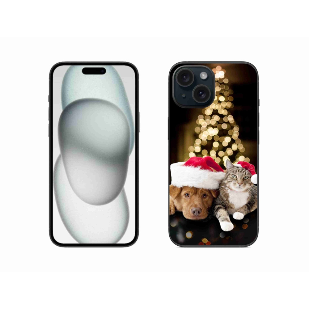 Gelový kryt mmCase na iPhone 15 - vánoční pes a kočka