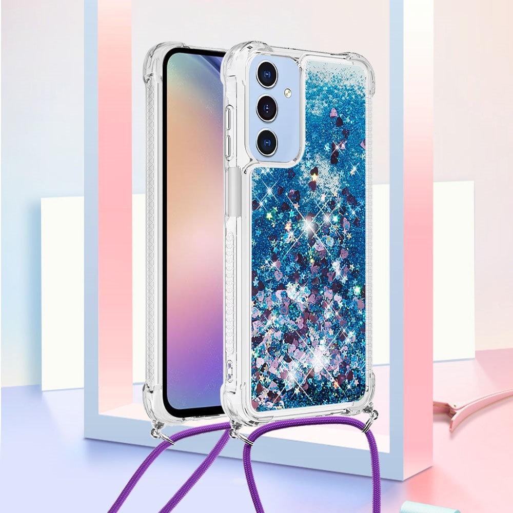 Glitters přesýpací gelový obal se šňůrkou na Samsung Galaxy A26 5G - modrý/srdíčka