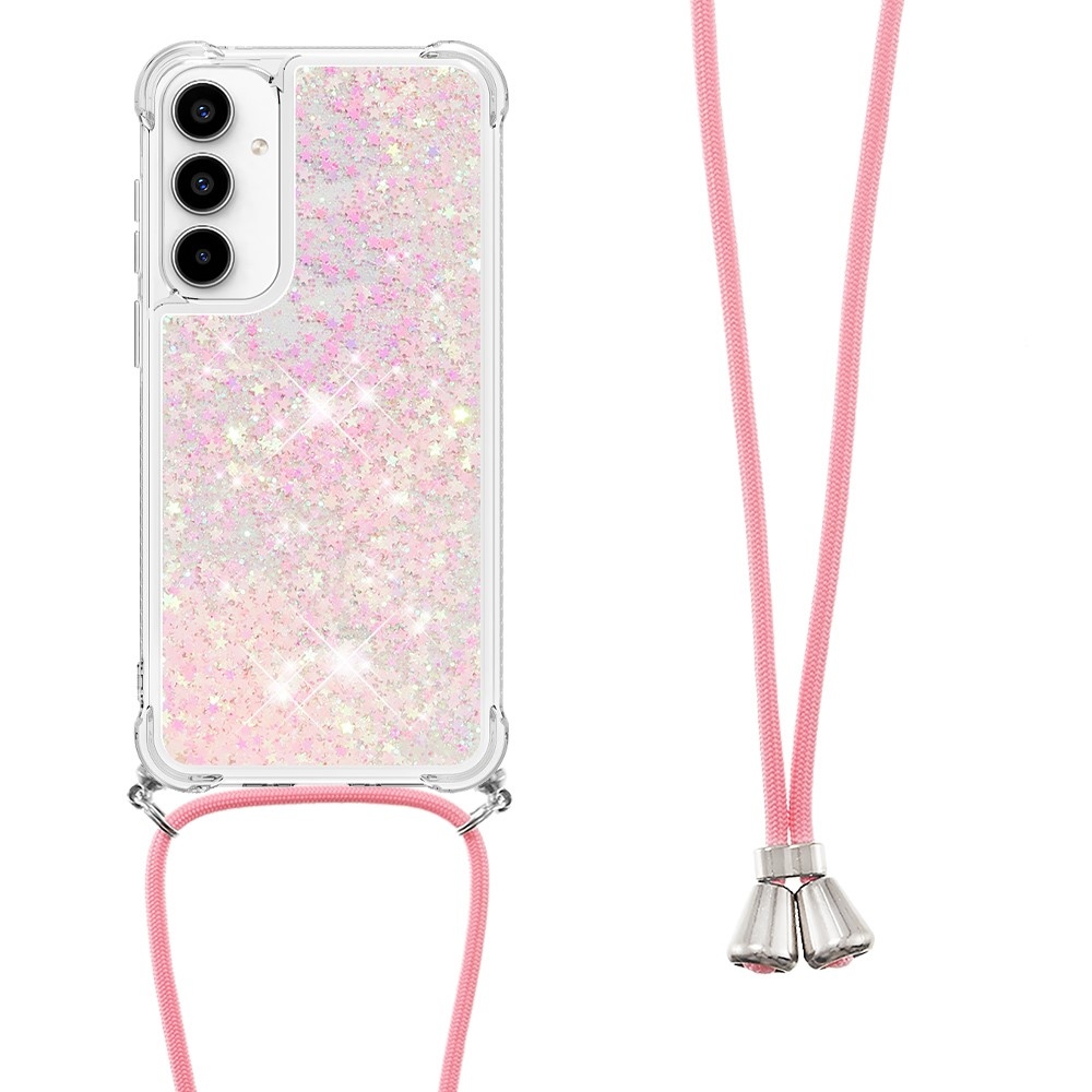 Glitters přesýpací gelový obal se šňůrkou na Samsung Galaxy A56 5G - růžový/hvězdičky