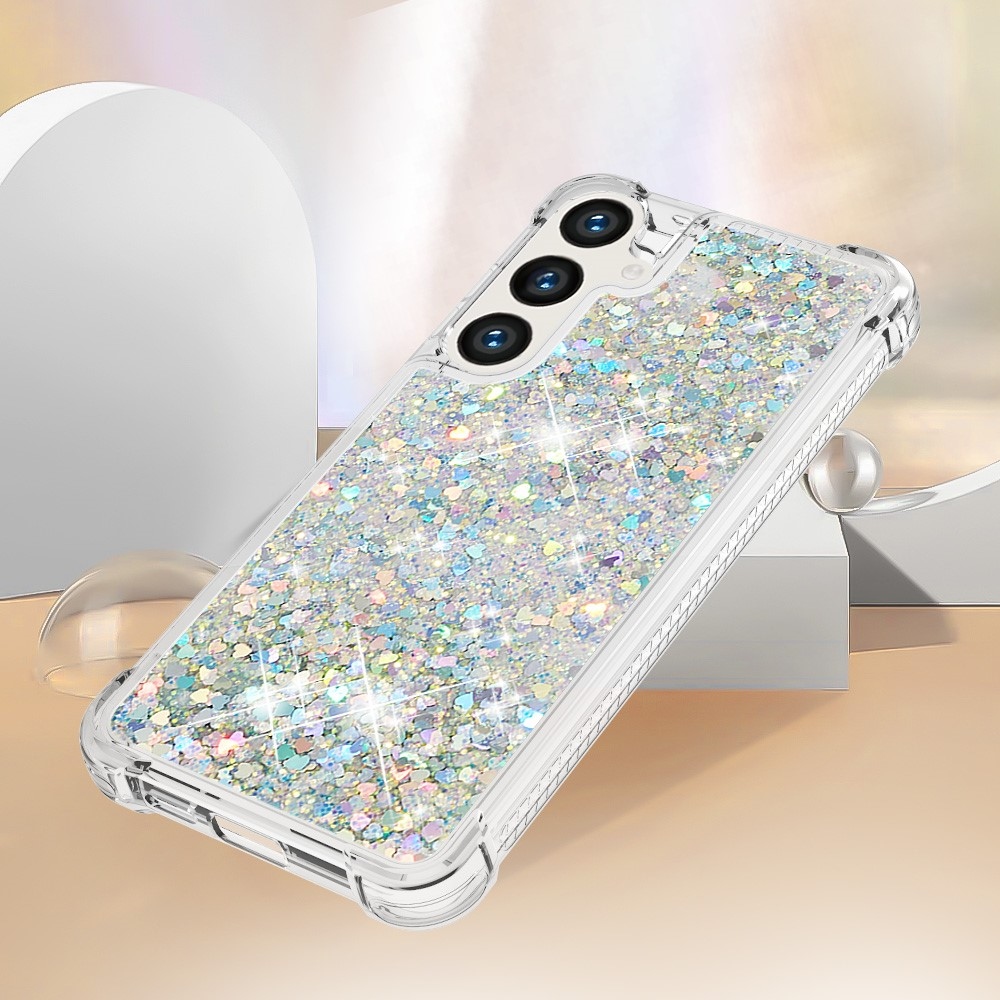 Glitter přesýpací gelový obal na mobil Samsung Galaxy S24+ - stříbrný/srdíčka