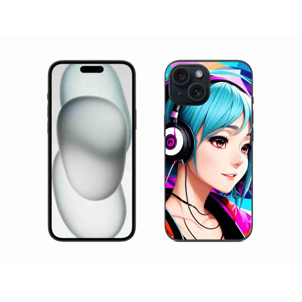 Gelový kryt mmCase na iPhone 15 - dívka se sluchátky