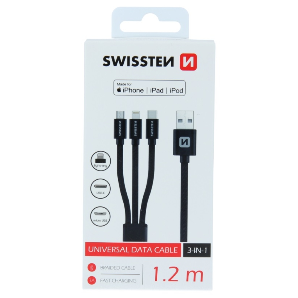 Swissten tkaný kabel 3v1 MFI 1,2 m (Lightning, USB-C, Micro USB) - černý