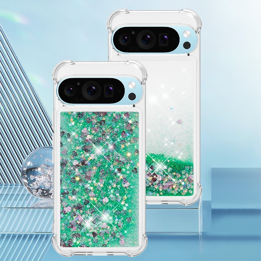 Glitter přesýpací gelový obal na Google Pixel 10 Pro/Pixel 10 - zelený/srdíčka