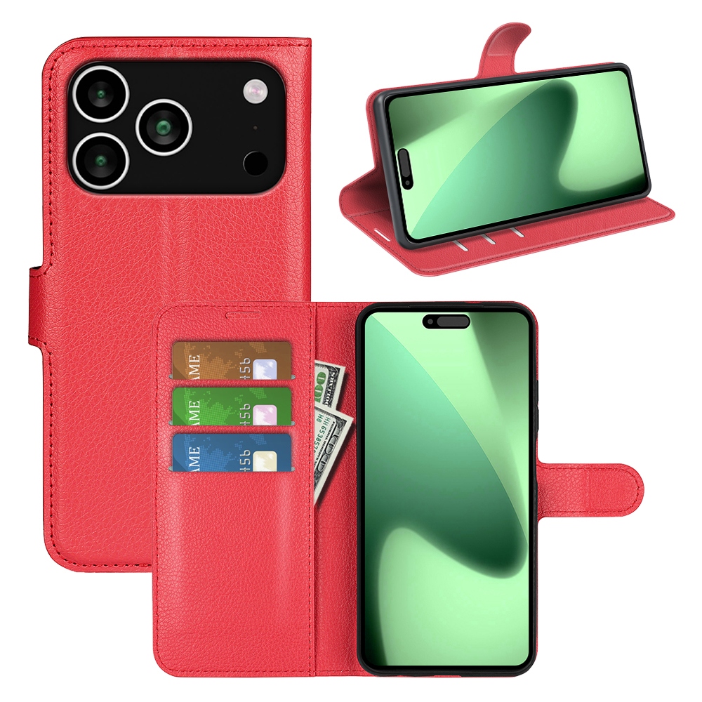 Litchi knížkové pouzdro na iPhone 17 Pro - červený