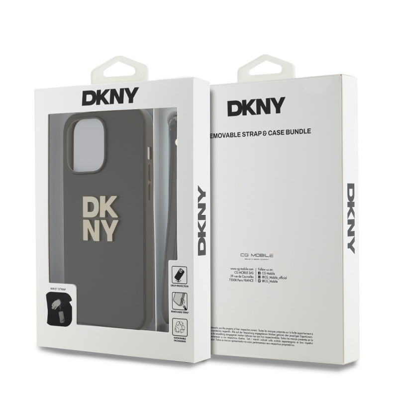 DKNY PU Leather Stack Logo Wrist Strap Zadní Kryt pro iPhone 15 Pro Brown