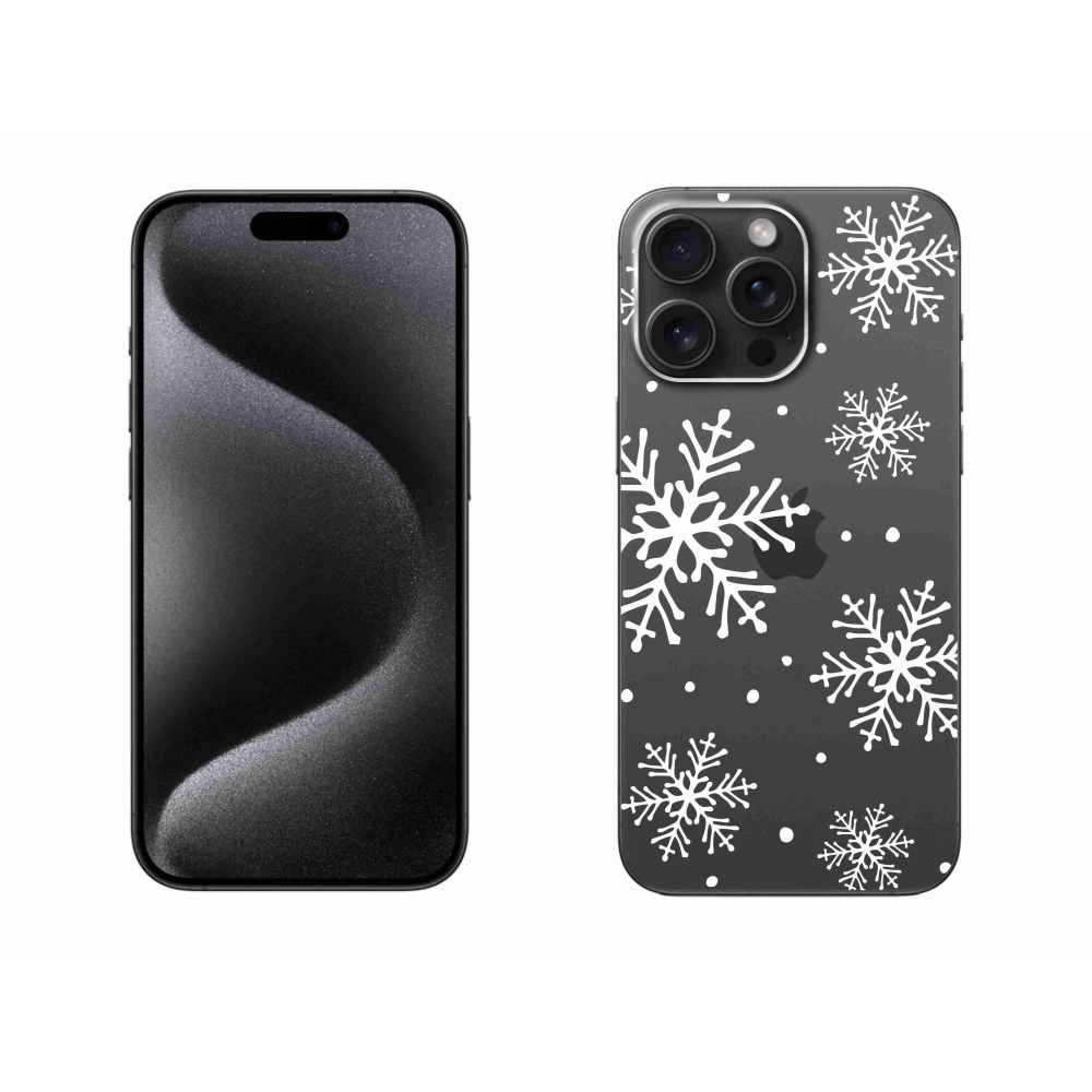Gelový kryt mmCase na iPhone 15 Pro Max - bílé vločky na průhledném pozadí