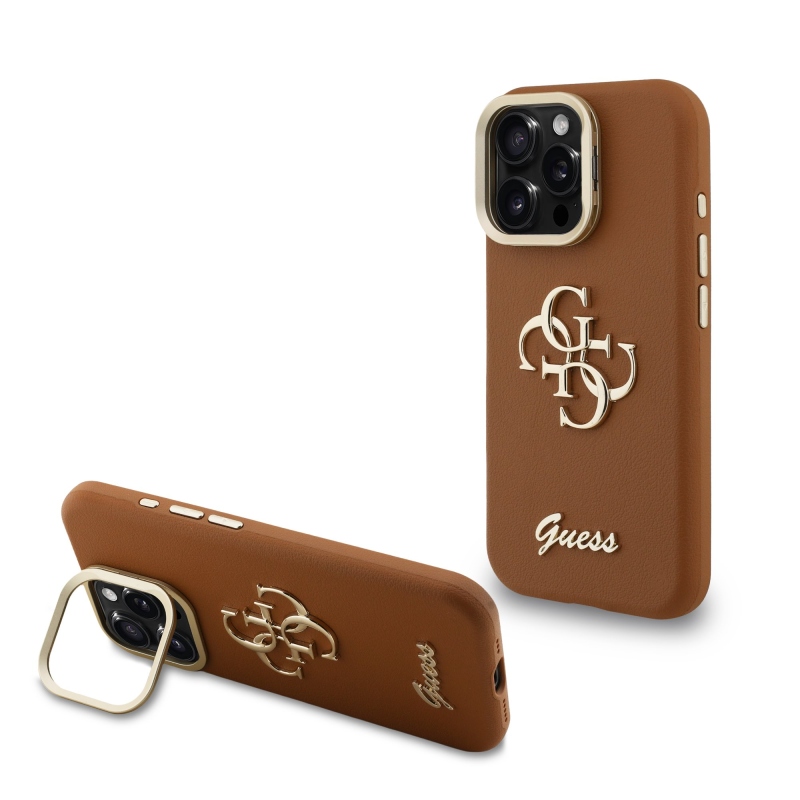 Guess PU Grained 4G Logo Stand Camera Frame Zadní Kryt pro iPhone 15 Pro Max Brown