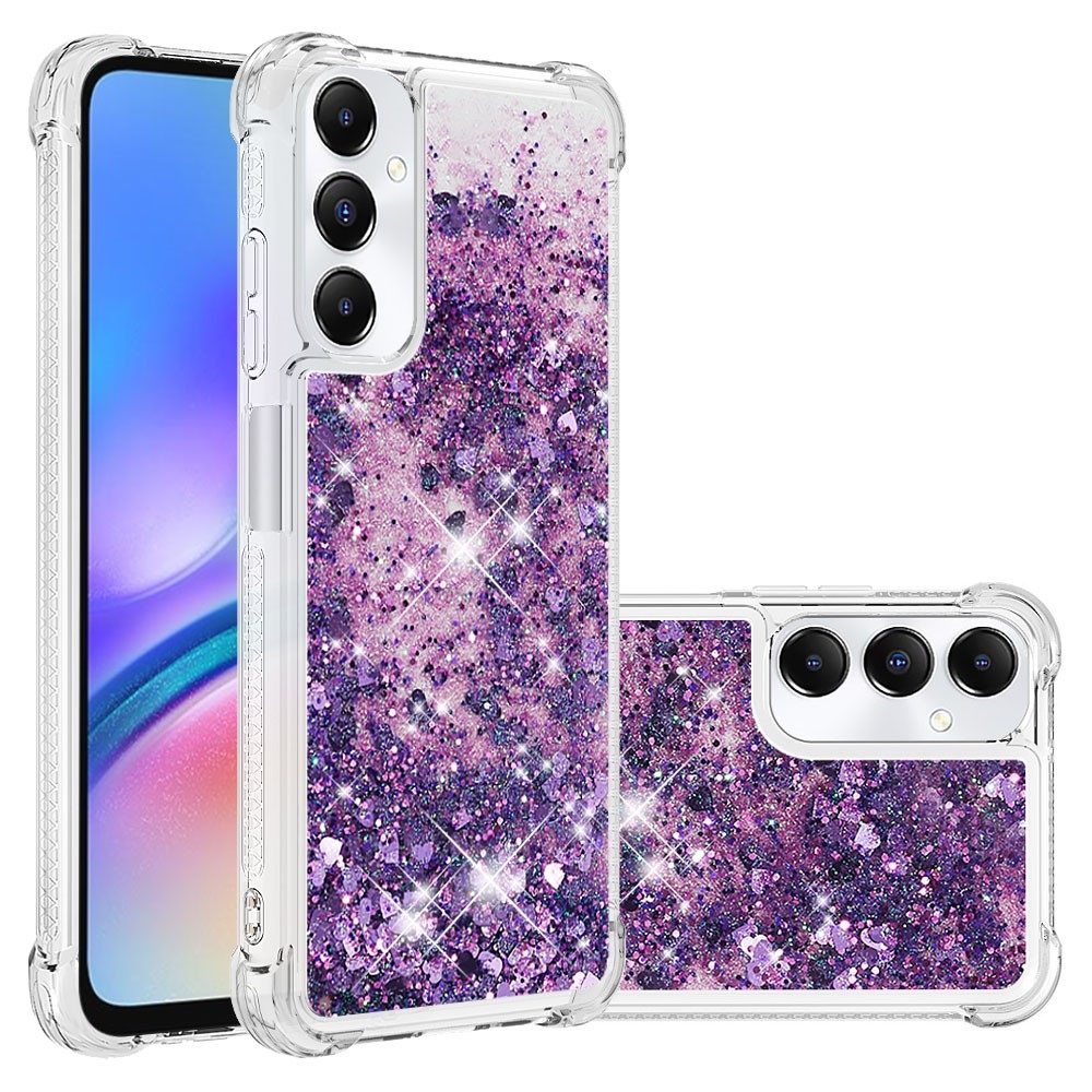 Glitter gelový přesýpací obal na Samsung Galaxy A05s - tmavěfialový/srdíčka