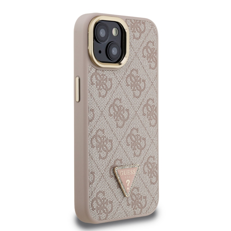 Guess PU 4G Strass Triangle Logo Stand Camera Frame MagSafe Zadní Kryt pro iPhone 14 Pink