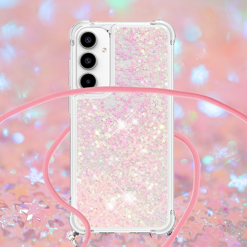 Glitters přesýpací gelový obal se šňůrkou na Samsung Galaxy A56 5G - růžový/hvězdičky