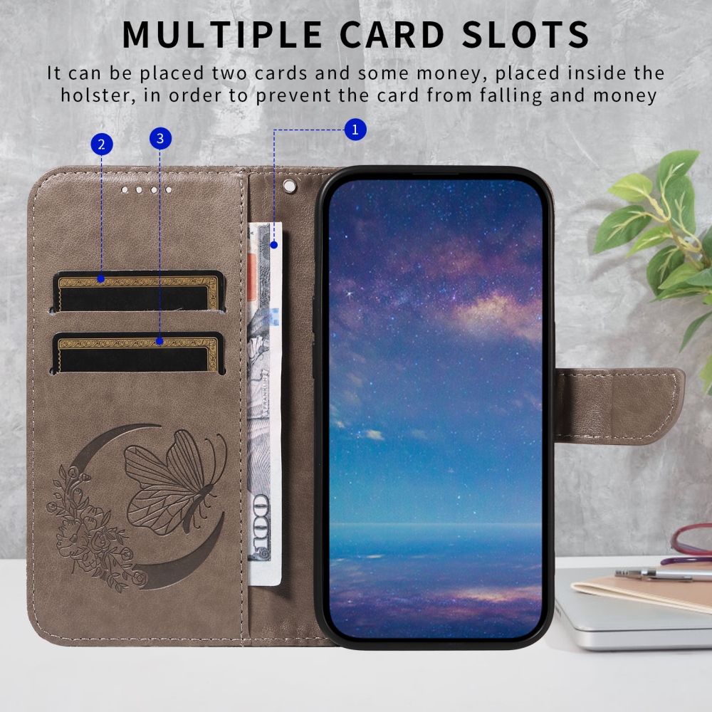 Floral Butterfly knížkové pouzdro na iPhone 17 - šedé