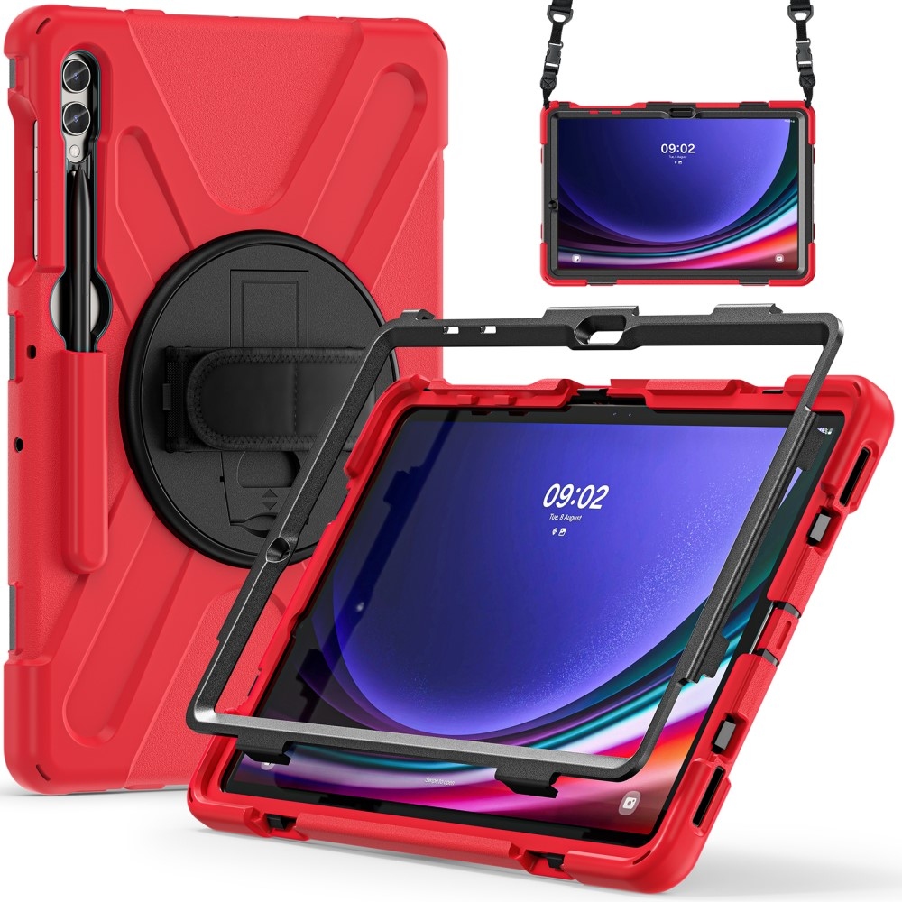 Strap odolný kryt s úchopem na ruku a popruhem na Samsung Galaxy Tab S10+/S9+/S9 FE+/S8+/S7+ - červený