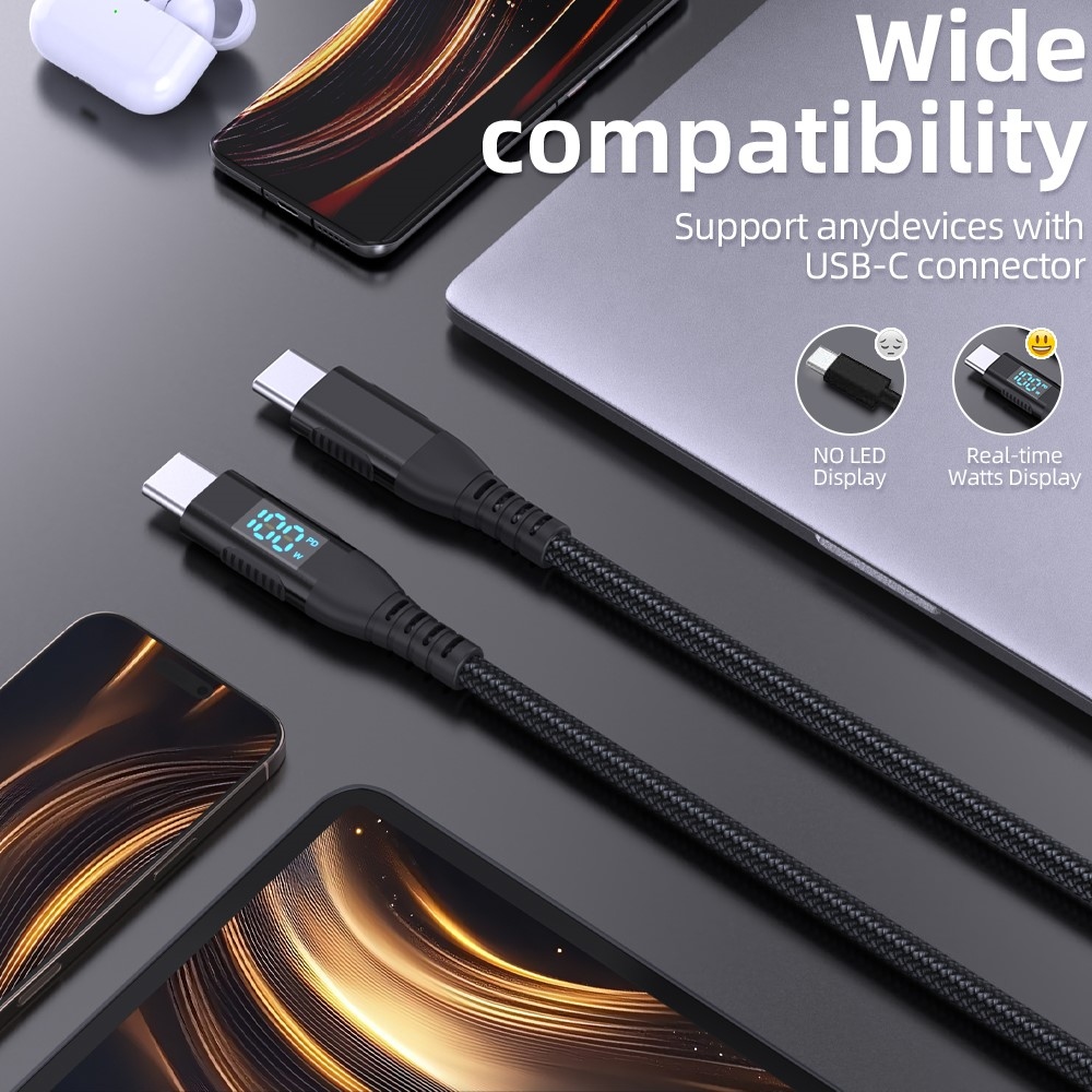 Nylonový kabel USB-C / USB-C s displejem 1m 100W - černý