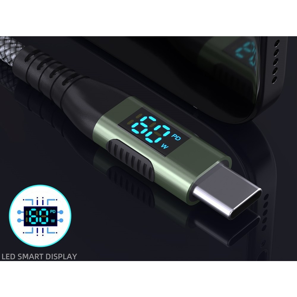 Nylonový kabel USB-C / USB-C s displejem 3m 60W - šedý