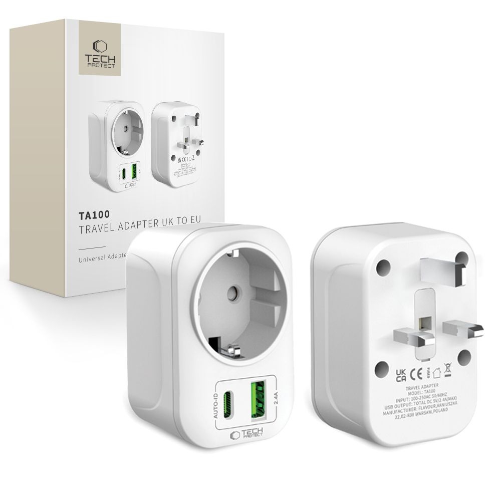 Tech-Protect TA100 cestovní adaptér UK na EU s USB-C a USB-A