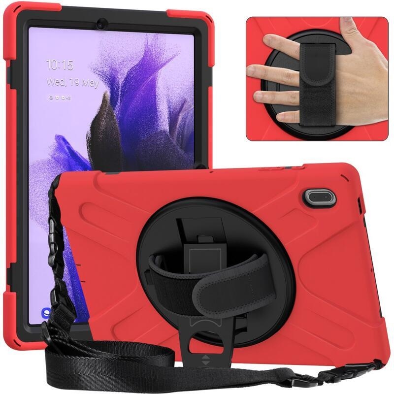 360 odolný hybridní kryt s popruhem a držákem na ruku pro tablet Samsung Galaxy Tab S7 FE T736 - černý/červený