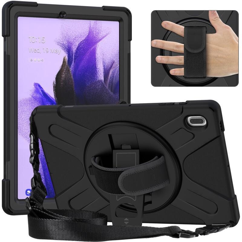 360 odolný hybridní kryt s popruhem a držákem na ruku pro tablet Samsung Galaxy Tab S7 FE T736 - černý
