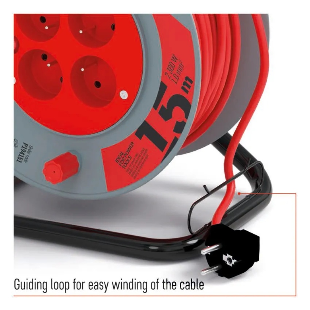Prodlužovací kabel na bubnu 15 m / 4 zásuvky / červený / PVC / 230 V / 1 mm2