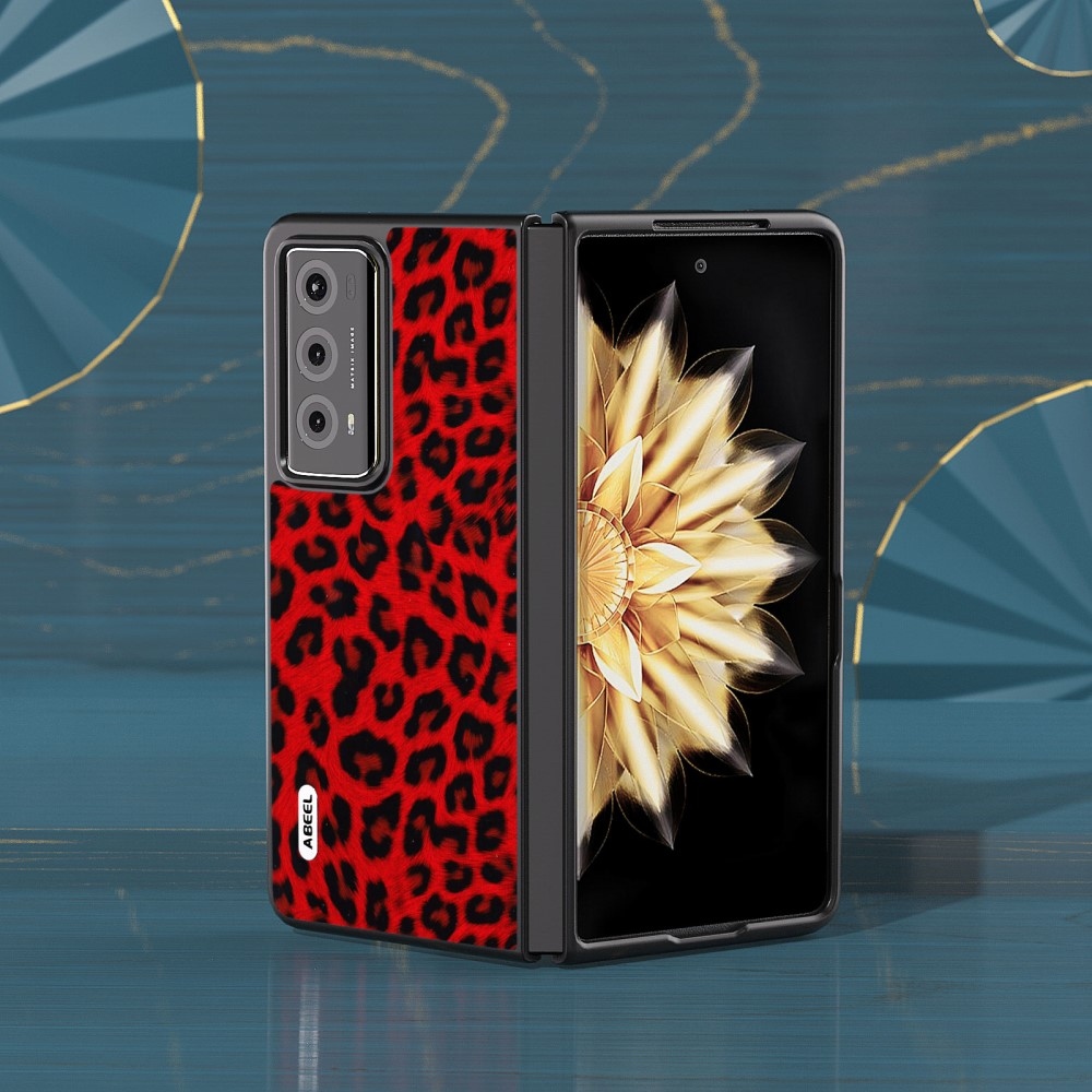 Leopard plastové pouzdro s umělou kůží na Honor Magic V2 - červené