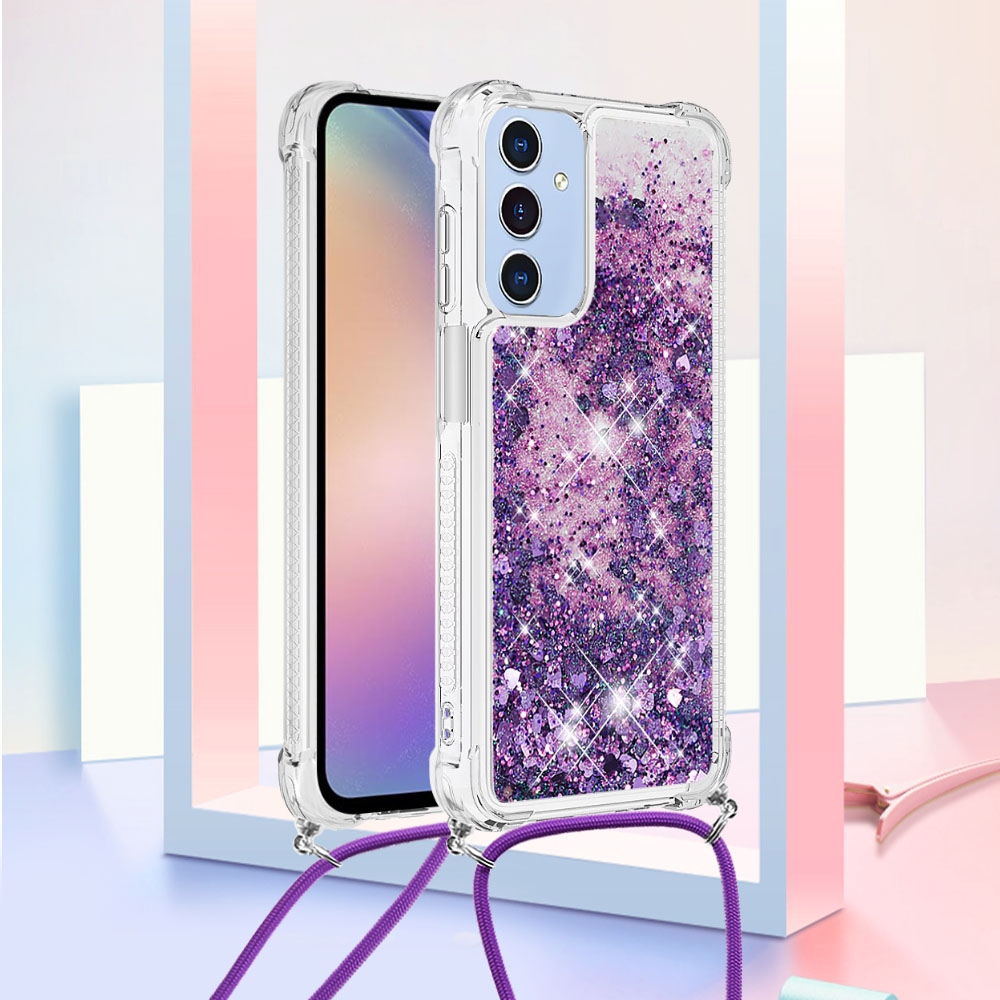 Glitters přesýpací gelový obal se šňůrkou na Samsung Galaxy A17 5G - tmavěfialový/srdíčka