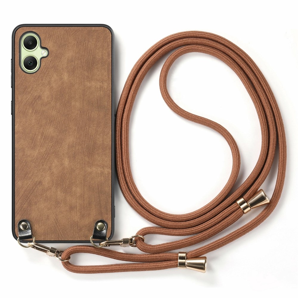 Retro gelový obal se šňůrkou a s umělou kůží na Samsung Galaxy A06 4G - hnědý