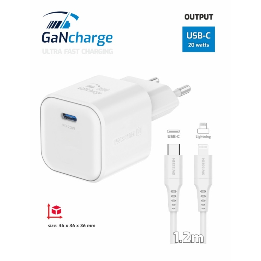 Nabíječka Swissten GaN 1x USB-C 20W Power Delivery + kabel USB-C/Lightning 1,2m - bílá
