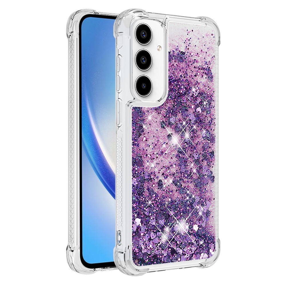 Glitter gelový přesýpací obal na Samsung Galaxy A35 5G - tmavěfialový/srdíčka