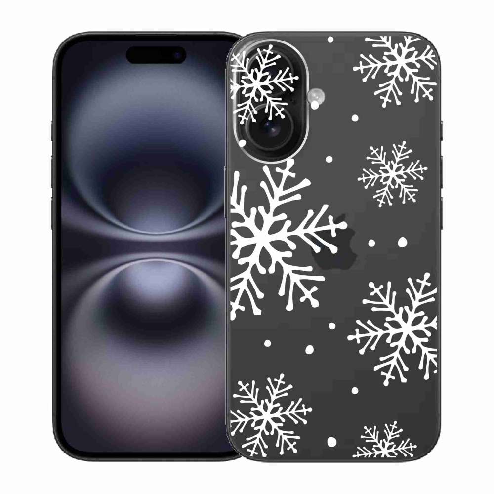 Gelový kryt mmCase na iPhone 16 - bílé vločky na průhledném pozadí