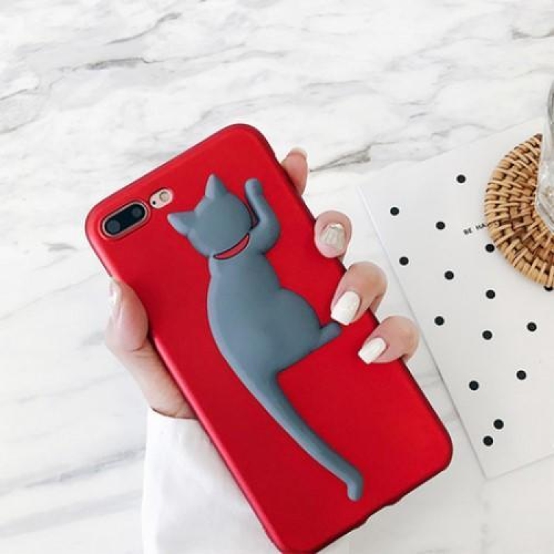 3D kitty silikonový obal na iPhone 7 a iPhone 8 - červený/šedý