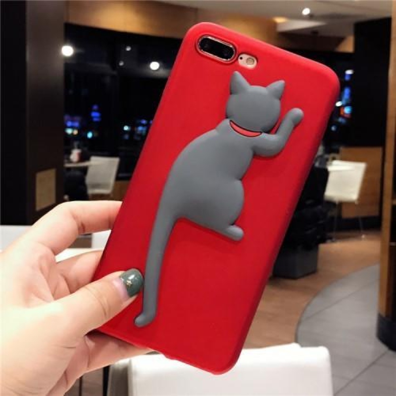 3D kitty silikonový obal na iPhone 7 a iPhone 8 - červený/šedý