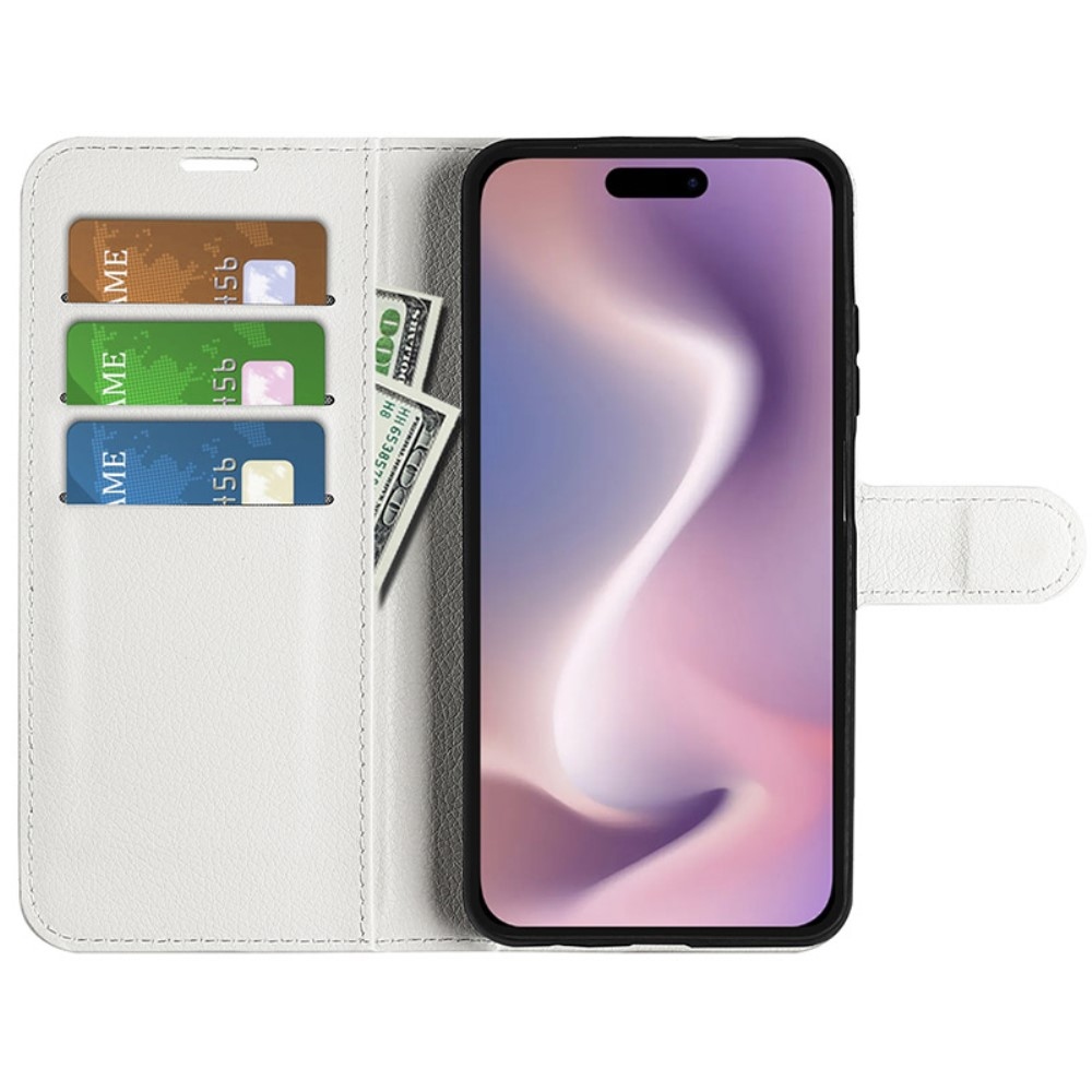 Litchi knížkové pouzdro na iPhone 16 Plus - bílé