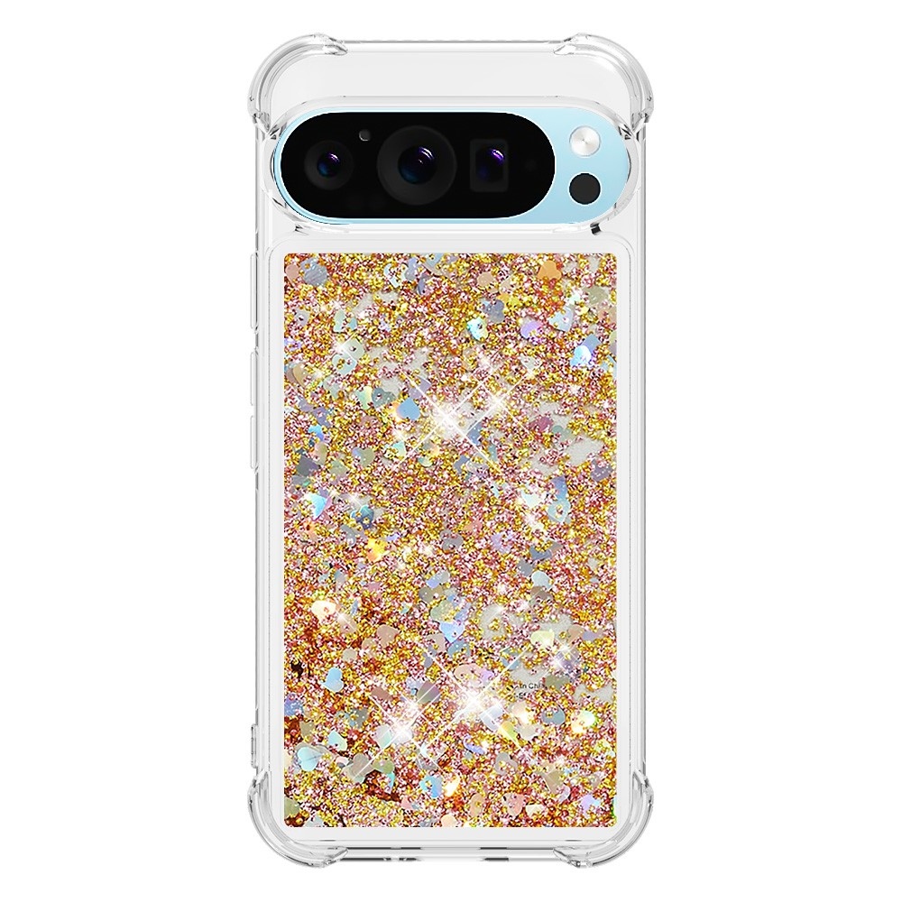 Glitter přesýpací gelový obal na Google Pixel 10 Pro/Pixel 10 - zlatý/srdíčka
