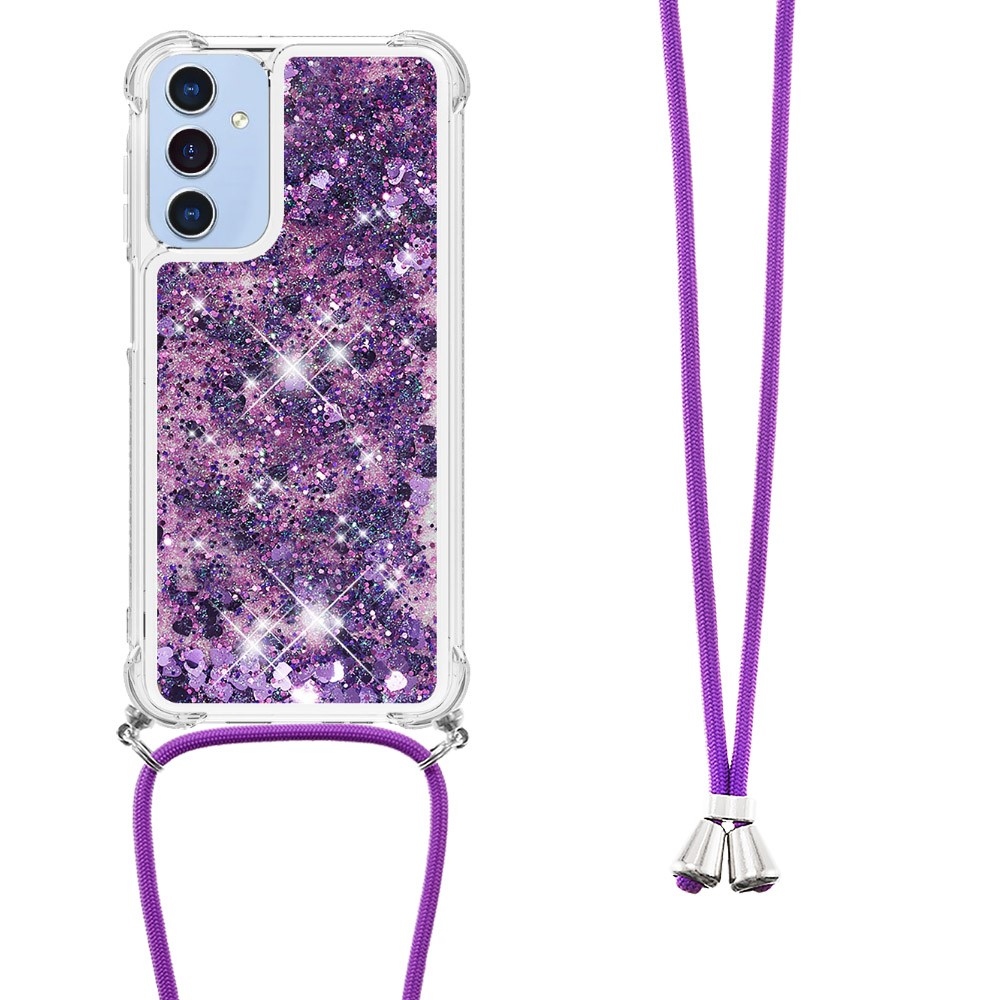Glitters přesýpací gelový obal se šňůrkou na Samsung Galaxy A26 5G - tmavěfialový/srdíčka