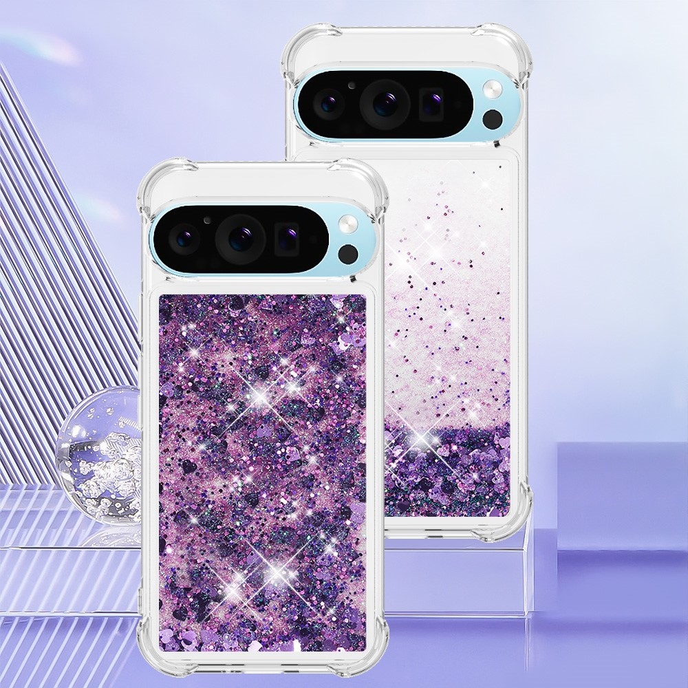 Glitter přesýpací gelový obal na Google Pixel 10 Pro/Pixel 10 - tmavěfialový/srdíčka
