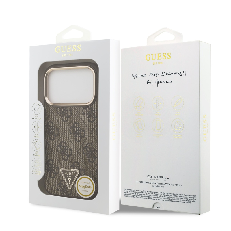 Guess PU Leather 4G Strass Triangle Logo Gold Frame MagSafe Zadní Kryt pro iPhone 17 Pro Brown