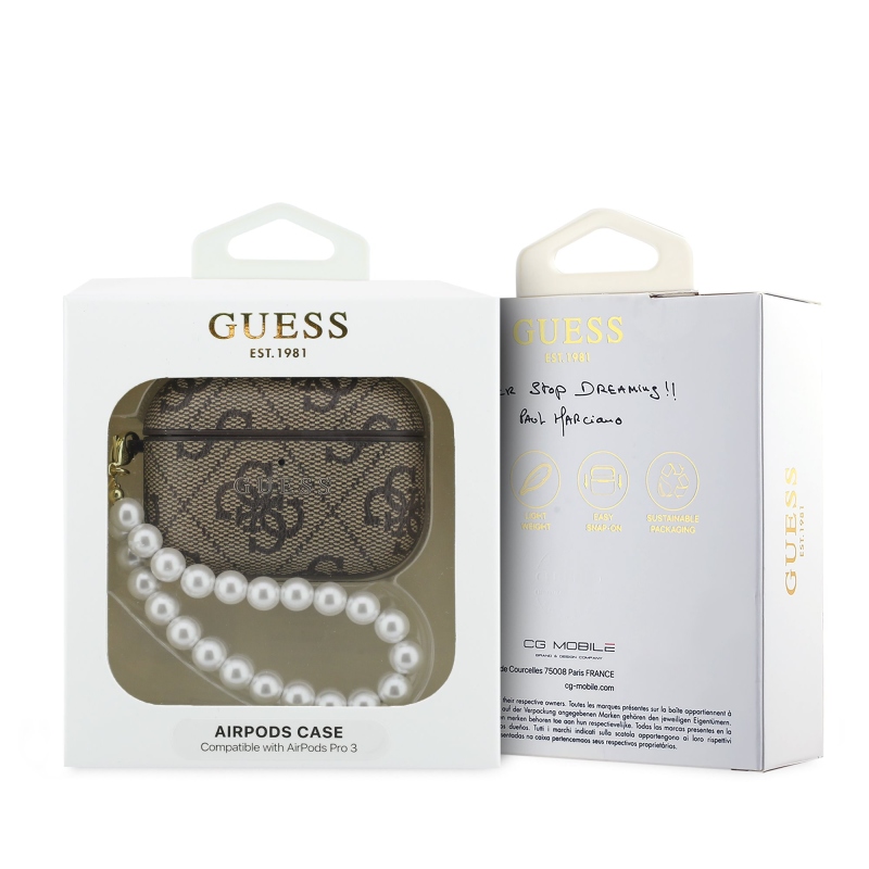 Guess PU 4G Classic Logo Pearl Strap Pouzdro pro AirPods Pro 3 Brown
