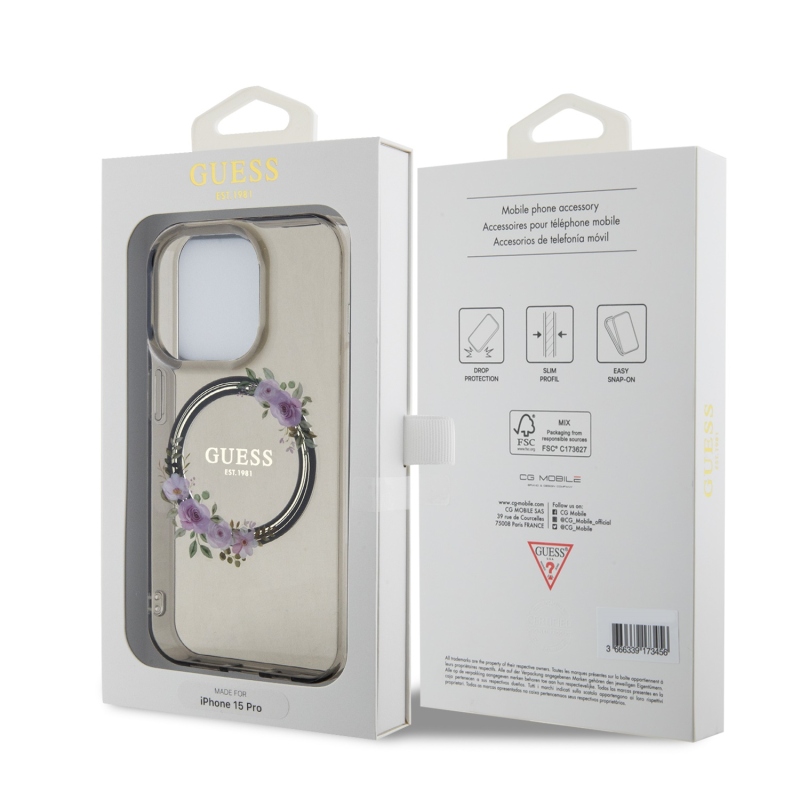 Guess PC/TPU Flowers Ring Glossy Logo MagSafe Zadní Kryt pro iPhone 13 Pro Black 