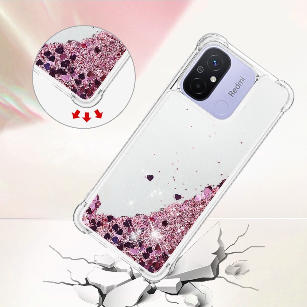 Glitter přesýpací gelový obal na Xiaomi Redmi 12C - růžovozlatý/srdíčka