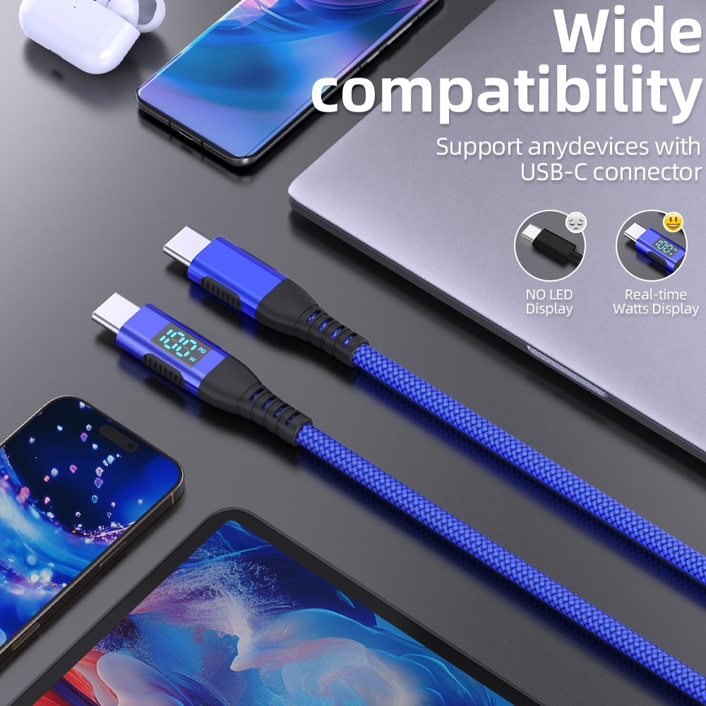 Nylonový kabel USB-C / USB-C s displejem 1m 100W - modrý