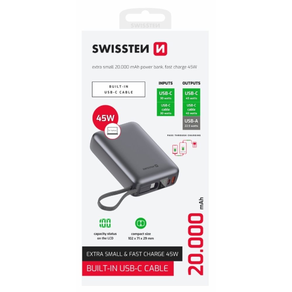 Powerbanka Swissten s integrovaným kabelem USB-C, 45W 20000 mAh - stříbrná