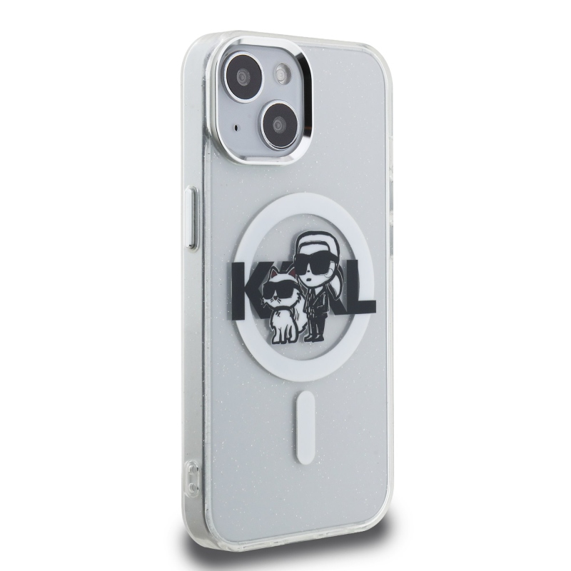Karl Lagerfeld IML Glitter Karl and Choupette Sketch MagSafe Zadní Kryt pro iPhone 15 Transparent